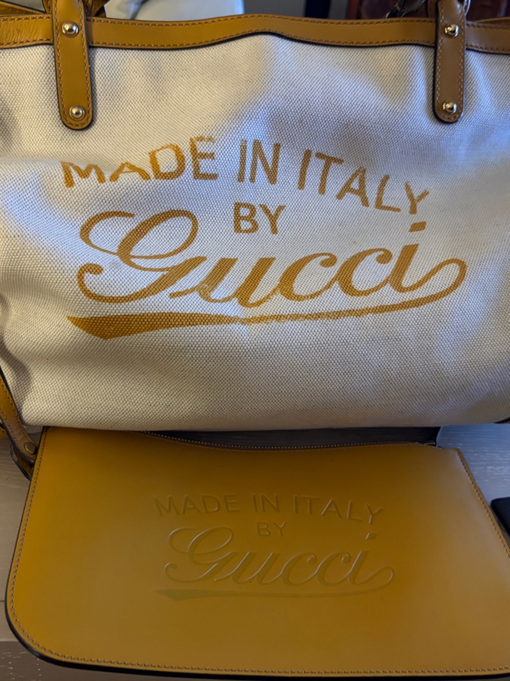 Gucci White Canvas Tote with Mustard Leather Trim and Logo with pouch
